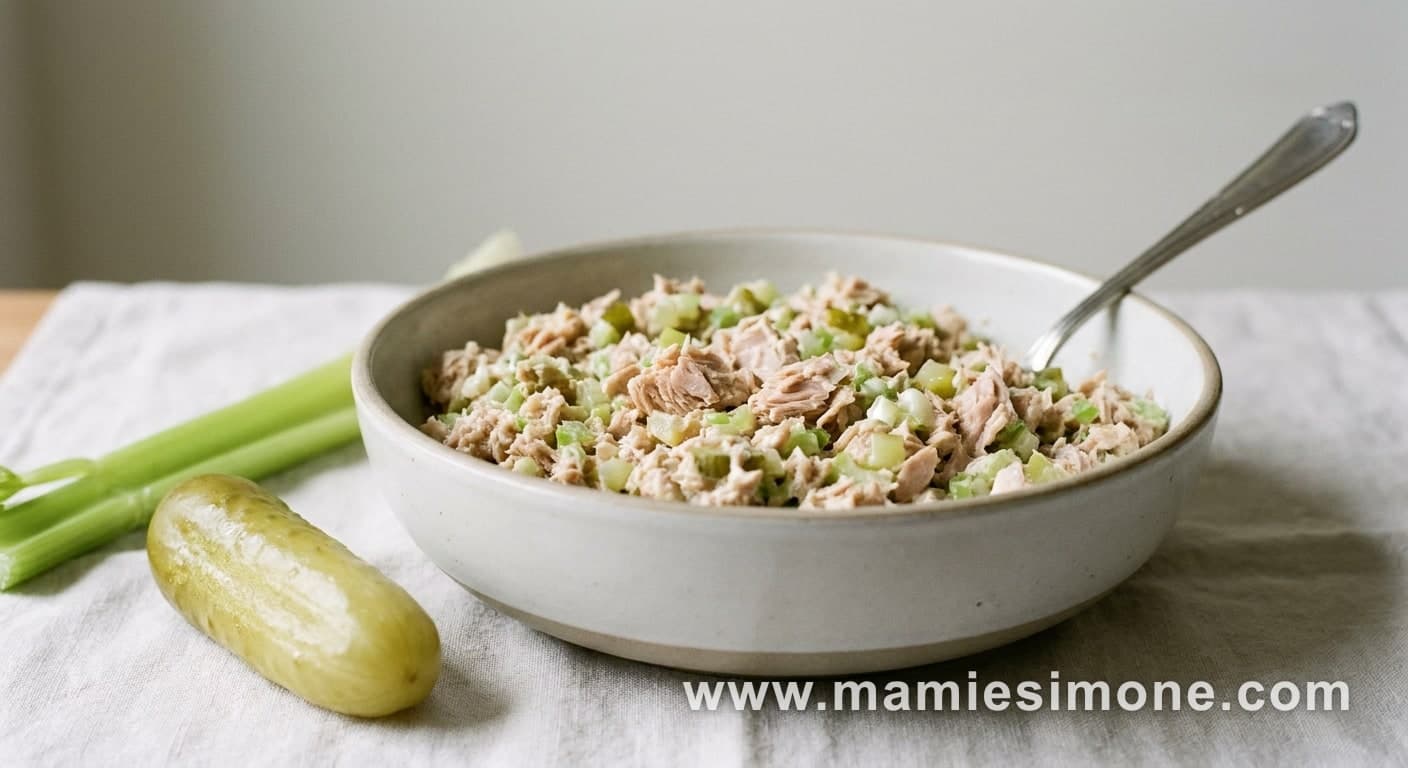 Salade de thon, mayonnaise, céleri et cornichons