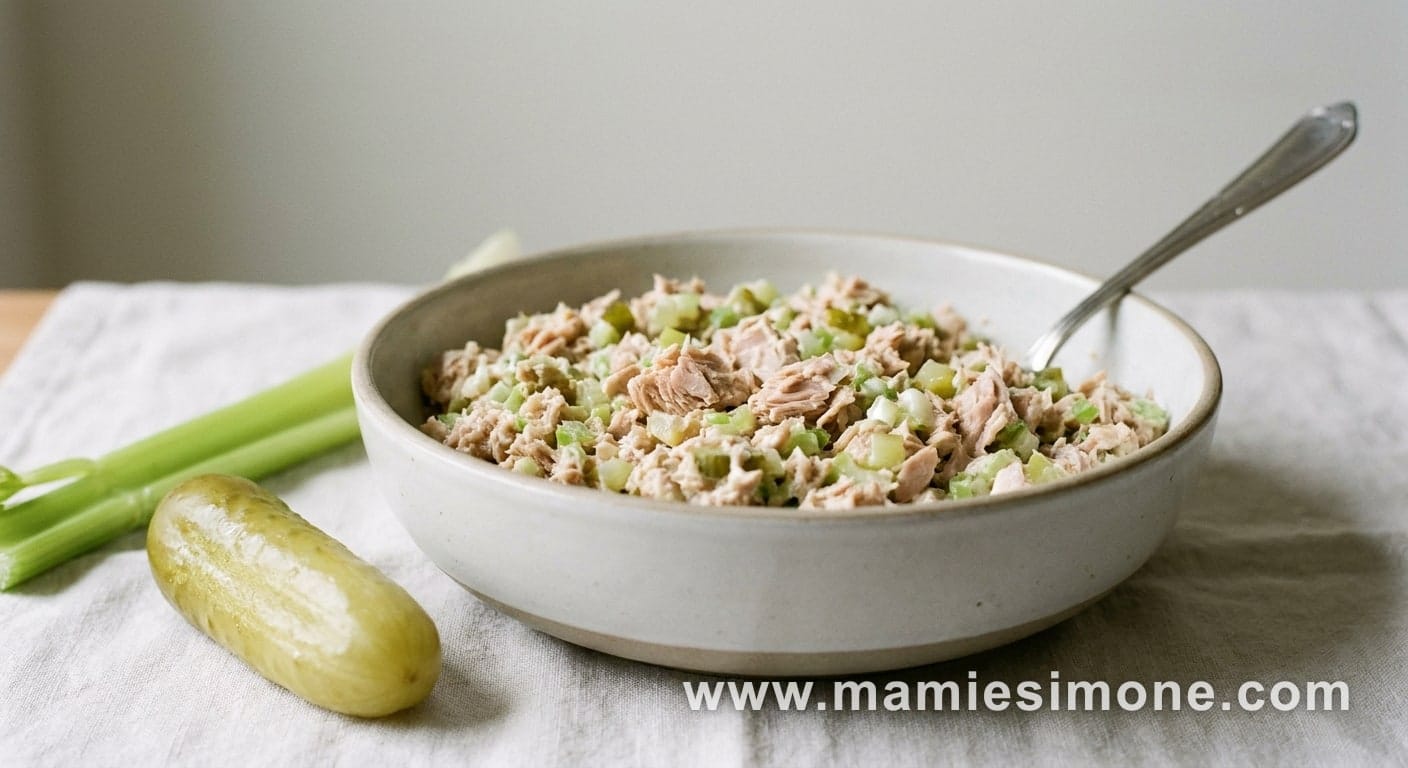 Salade de thon, mayonnaise, céleri et cornichons